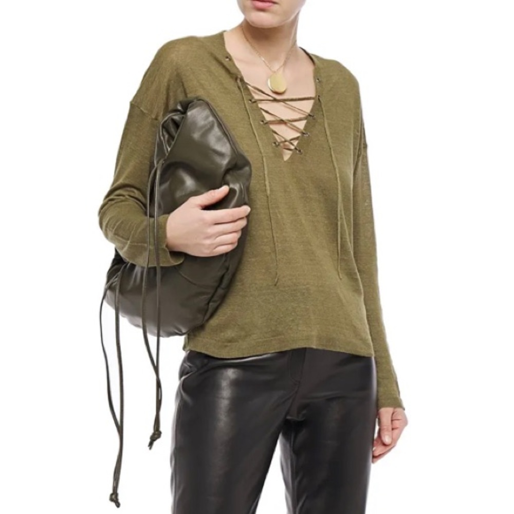 Nili Lotan Olive Lace-Up V-Neck Sweater